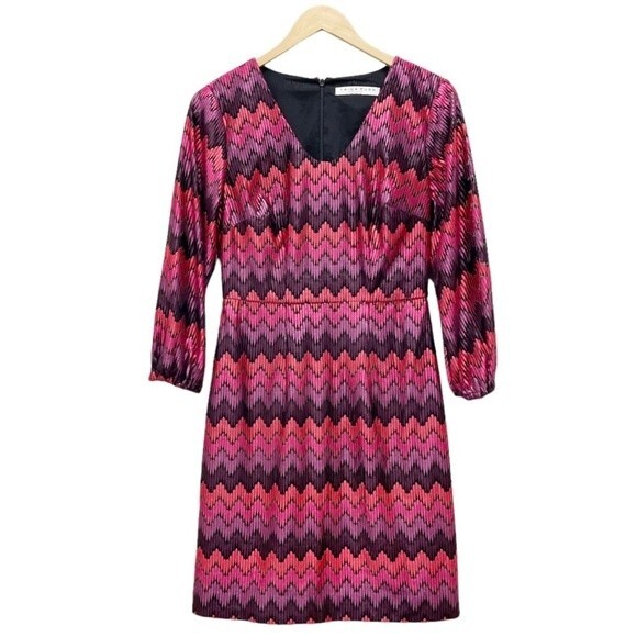 Trina Turk Nicole Dress Shimmer Embroidered Chevron Midi Dress Size Small 4/6 - Picture 4 of 13